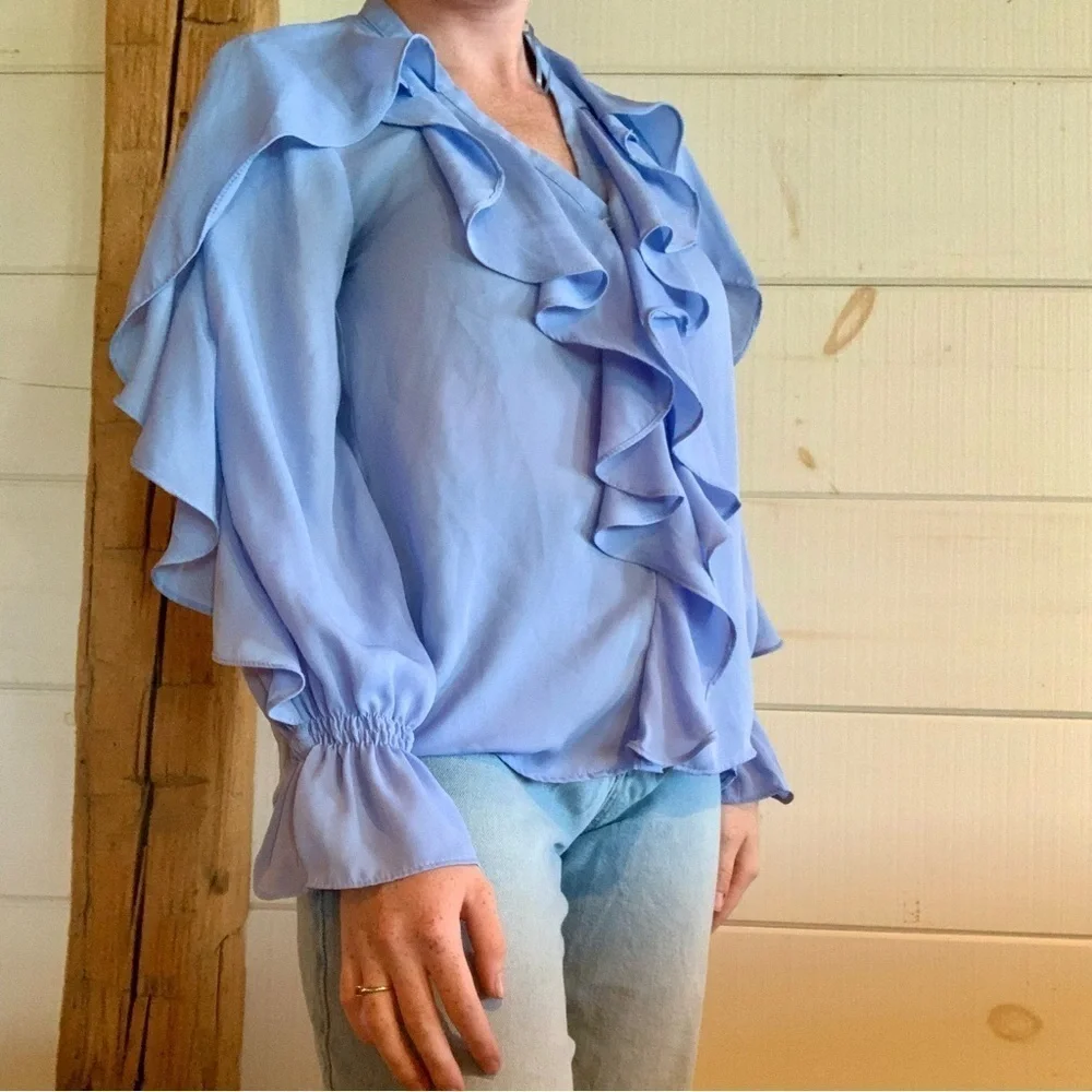 ZARA BLUE RUFFLED LONG SLEEVE BLOUSE - Picture 2 of 7